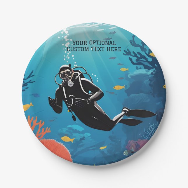 Custom Text Scuba Diver Paper Plate (Front)