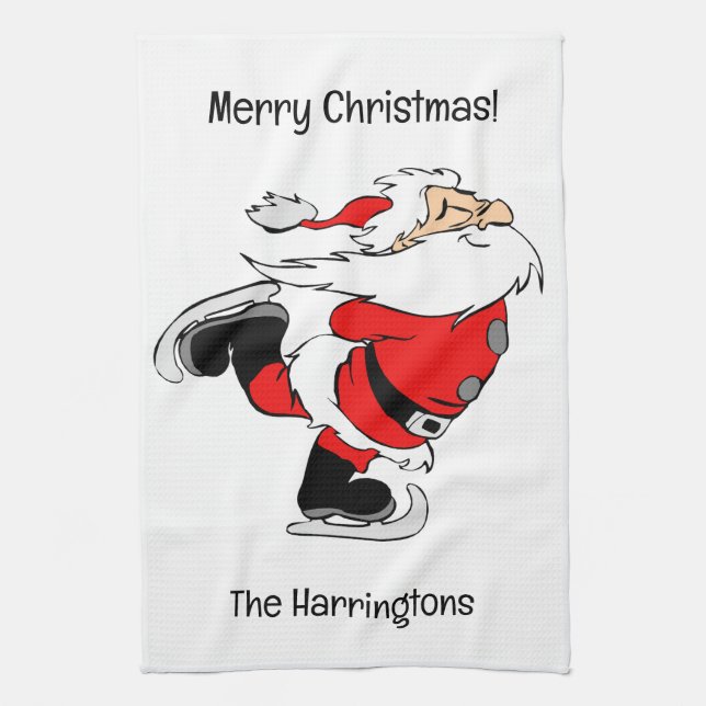 Custom Text Skating Santa Kitchen Towel (Vertical)