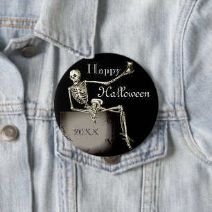Custom Text Skeleton on Tomb Happy Halloween 4 Inch Round Button