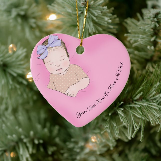 Custom Text | Sleeping Baby Love Pink Heart  Ceramic Ornament (Tree)
