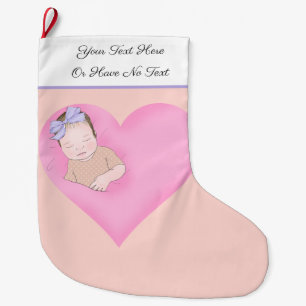 Custom Text   Sleeping Baby Love Pink Heart  Large Christmas Stocking