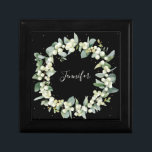 Custom Text Snowberry   Eucalyptus Christmas Gift Box<br><div class="desc">Hand painted snowberries and stems of eucalyptus arranged into a beautiful Christmas wreath against a black background.  All text is fully editable so you can easily add a message and change the font style/colour/size/placement. Coordinating items available.</div>