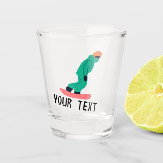 Custom Text Snowboarder Green Suit Snowboarding  Shot Glass (Front)