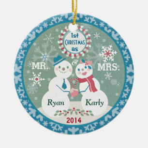 Custom Text Snowman Couple's First Christmas Ceramic Ornament