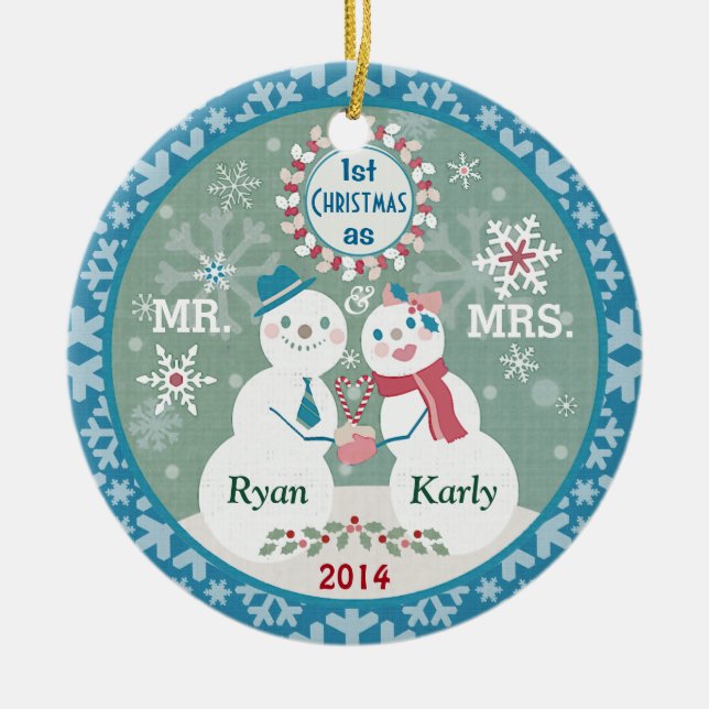 Custom Text Snowman Couple's First Christmas Ceramic Ornament (Front)