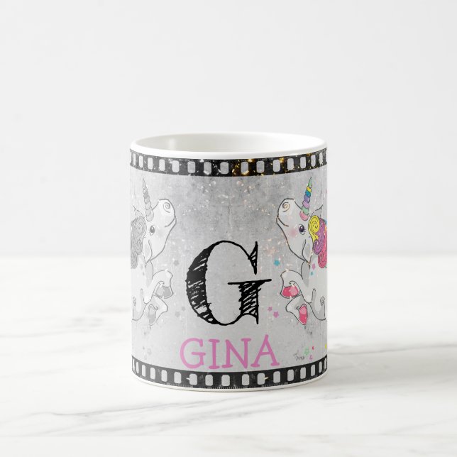 Custom Text/ Sparkle Rainbow Unicorn Retro Film Coffee Mug (Center)