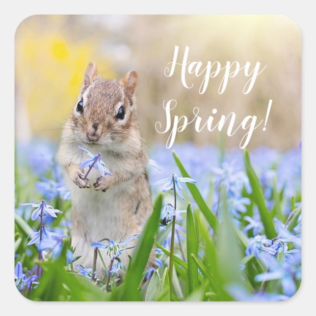 Custom Text Squirrel in Wildflowers Happy Spring Square Sticker (Front)