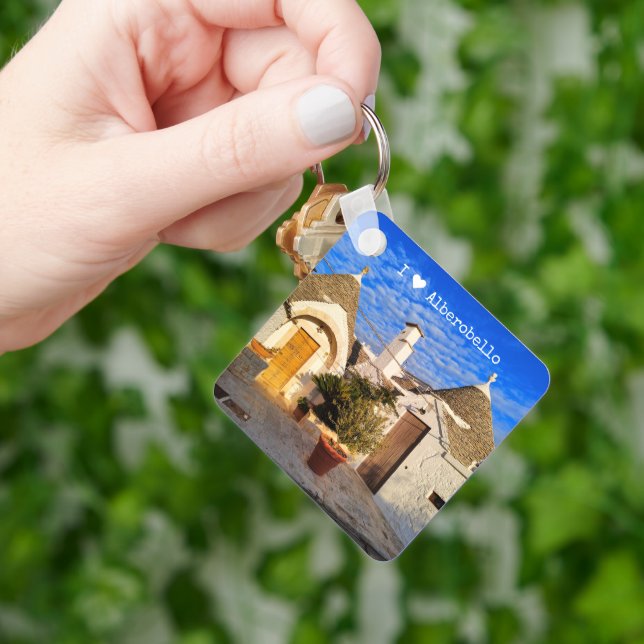 Custom text, stunning town of Alberobello, Puglia  Keychain (Hand)