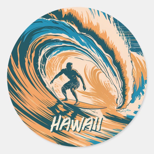 Custom Text Surfer Surfing Waves Minimal Retro Art Classic Round Sticker (Front)