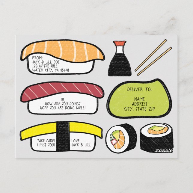 Custom Text Sushi Theme Illustration Pattern Back Postcard (Back)