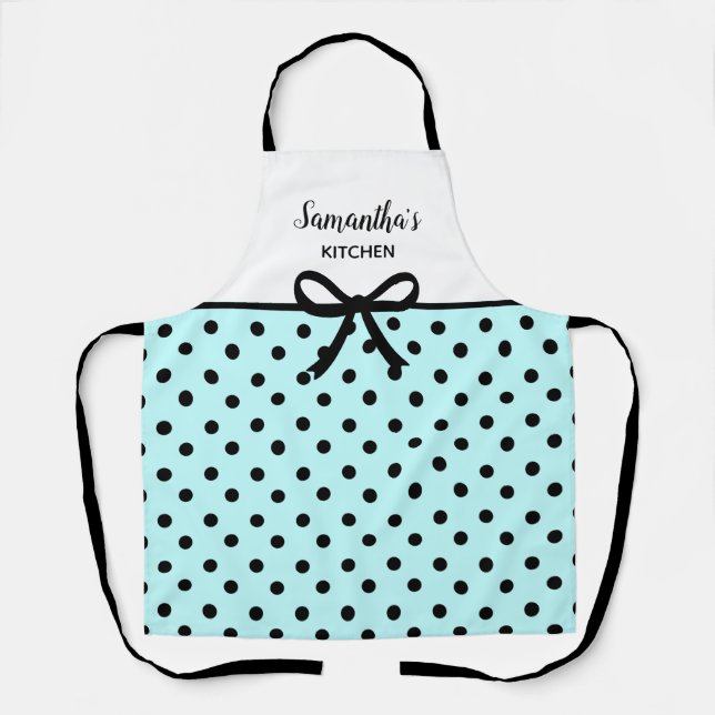Custom Text Teal and Black Polka Dots Cute Kitchen Apron (Front)