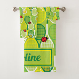 Custom text - tennis rackets with ladybirds bath towel set