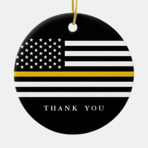 Custom Text Thin Gold Line Patriotic Flag Ceramic Ornament