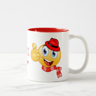Custom Text Thumbs up Emoji with Hat and Scarf Two-Tone Coffee Mug