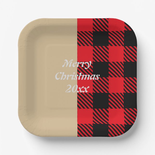 Custom text trendy tartan pattern red brown black  paper plate (Front)