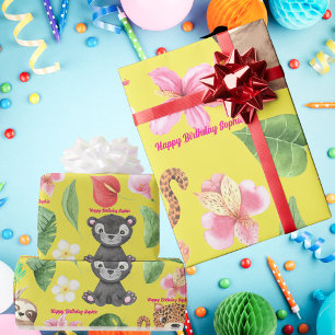 Custom Text Tropical Baby Animals Kids Birthday  Wrapping Paper