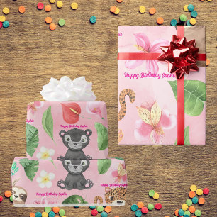 Custom Text Tropical Baby Animals Kids Birthday  Wrapping Paper