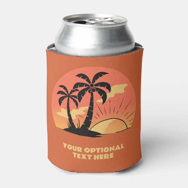 Custom Text Tropical Island Sunset Can Cooler (Can Front)