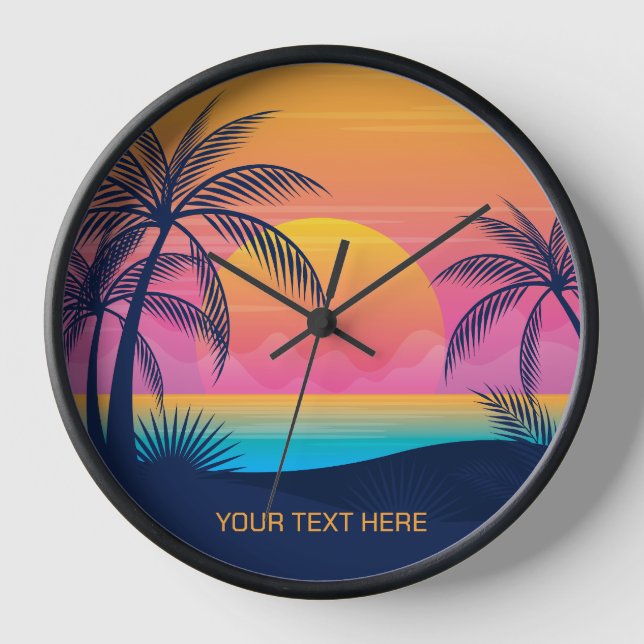 Custom Text Tropical Island Sunset Clock (Front)