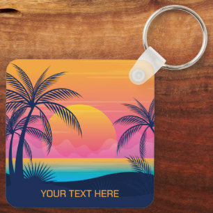 Custom Text Tropical Island Sunset Keychain