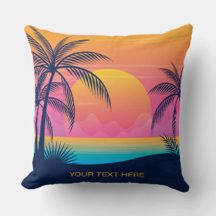 Custom Text Tropical Island Sunset Throw Pillow