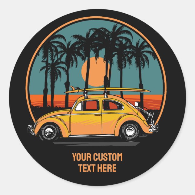 Custom Text Tropical Surfer Sunset Classic Round Sticker (Front)