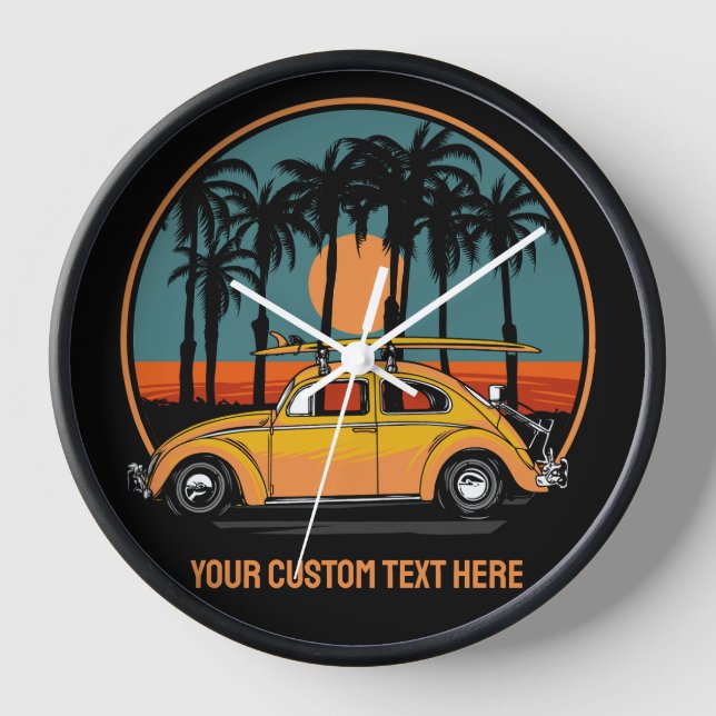 Custom Text Tropical Surfer Sunset Clock (Front)