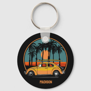 Custom Text Tropical Surfer Sunset Keychain