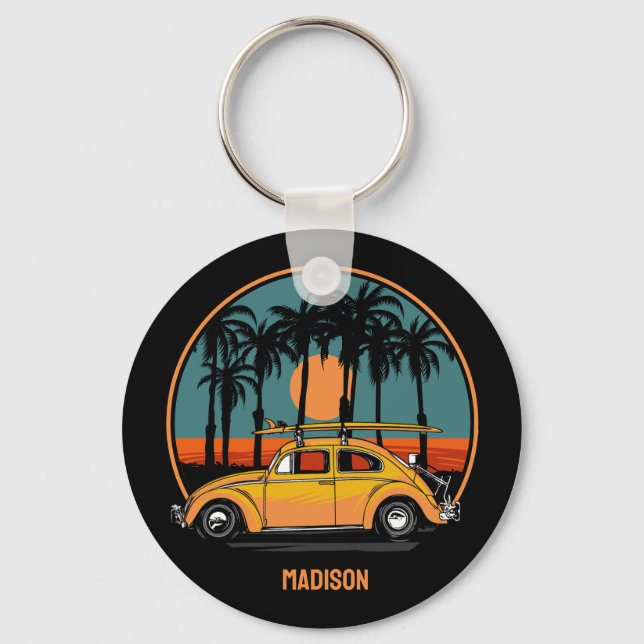 Custom Text Tropical Surfer Sunset Keychain (Front)