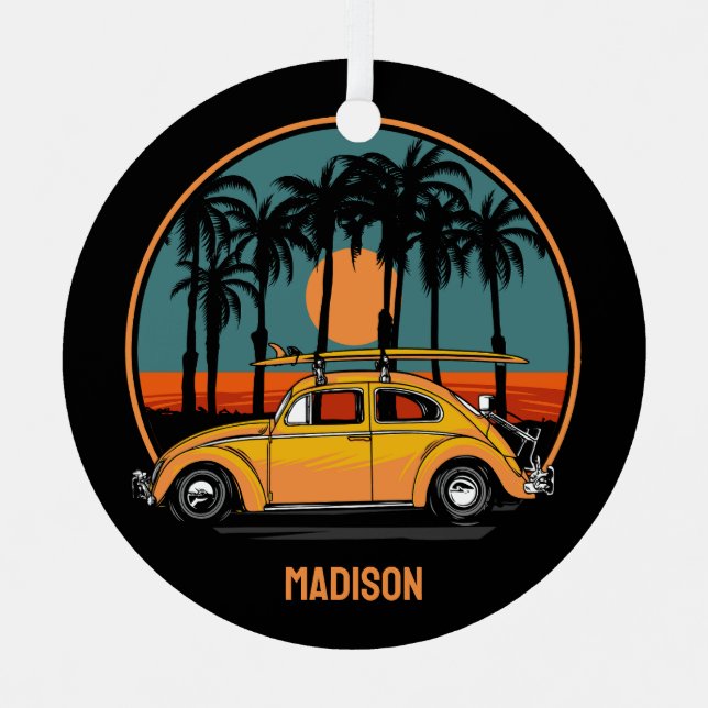 Custom Text Tropical Surfer Sunset Metal Ornament (Front)