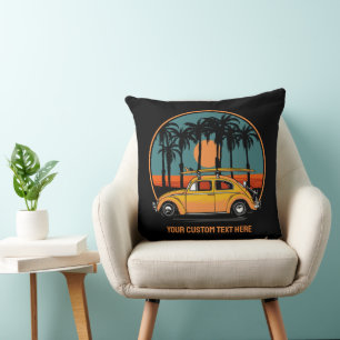 Custom Text Tropical Surfer Sunset Throw Pillow