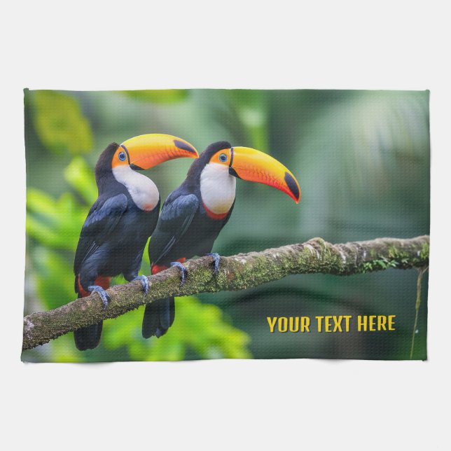 Custom Text Tropical Toucans Kitchen Towel (Horizontal)