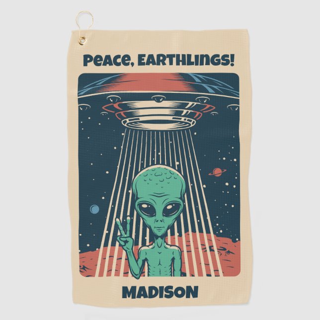 Custom Text UFO Alien Golf Towel (Front)