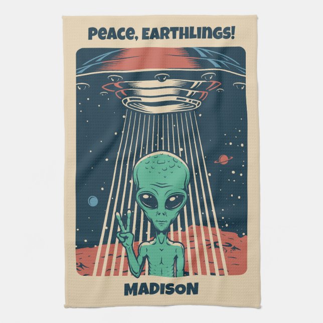 Custom Text UFO Alien Kitchen Towel (Vertical)