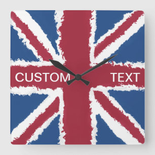 Custom Text Union Jack Flag Art by Heva Weva  Square Wall Clock