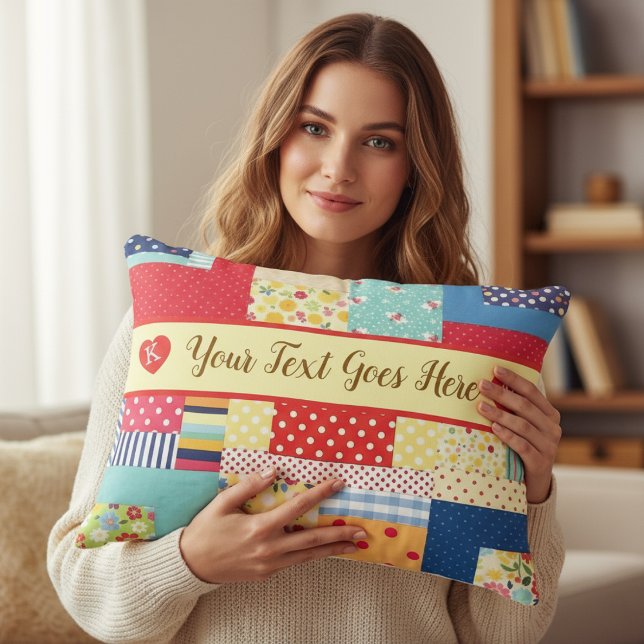 Custom Text Valentine’s Day | Colourful Patchwork  Accent Pillow (Creator Uploaded)