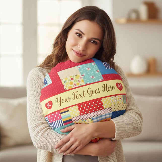 Custom Text Valentine’s Day | Colourful Patchwork  Round Pillow (Creator Uploaded)