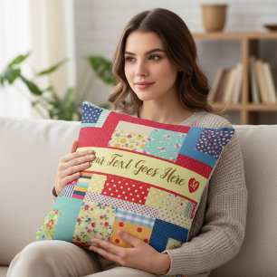 Custom Text Valentine’s Day   Colourful Patchwork  Throw Pillow
