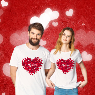Custom Text Valentines Red Rose Heart Shape Couple T-Shirt