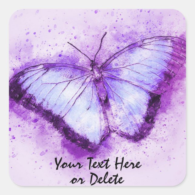 Custom Text Vibrant Purple Watercolor Butterfly Square Sticker (Front)