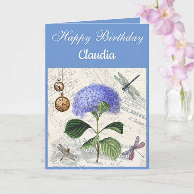 Custom Text. Vintage Style Hydrangea. Card (Orchid)