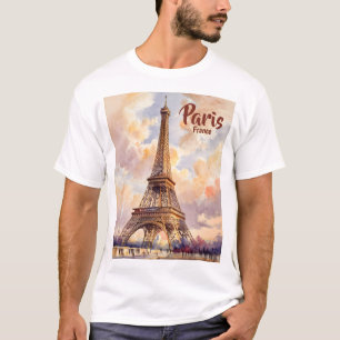 Custom Text Watercolor Eiffel Tower Sunset Travel T-Shirt