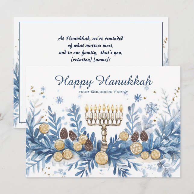 Custom text watercolor Hanukkah Holiday Card (Front/Back)
