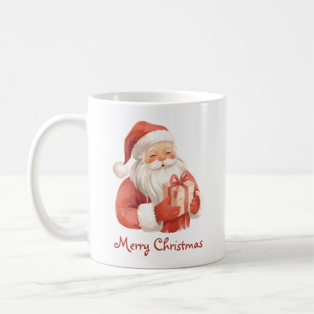 Custom Text Watercolor Santa Claus With Gift Coffee Mug (Left)