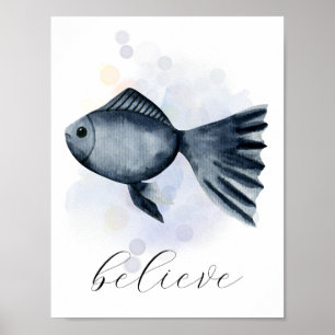 Custom Text Watercolor Style Blue Fish Ocean Theme Poster