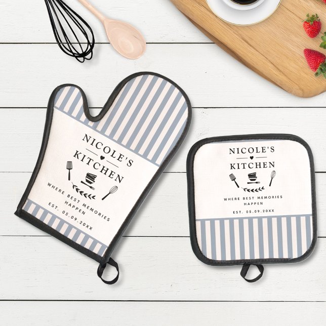 Custom Text, White and Blue Stripes Cute Farmhouse Oven Mitt & Pot Holder Set (Creator Uploaded)