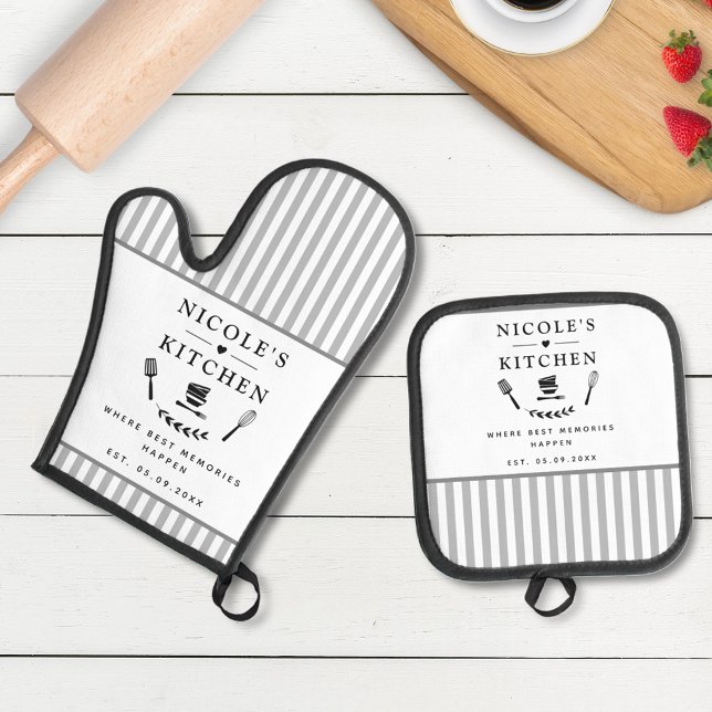 Custom Text, White and Grey Stripes Cute Farmhouse Oven Mitt & Pot Holder Set (Creator Uploaded)