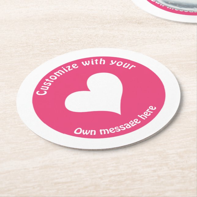 Custom Text White Heart on Pink Round Paper Coaster (Angled)