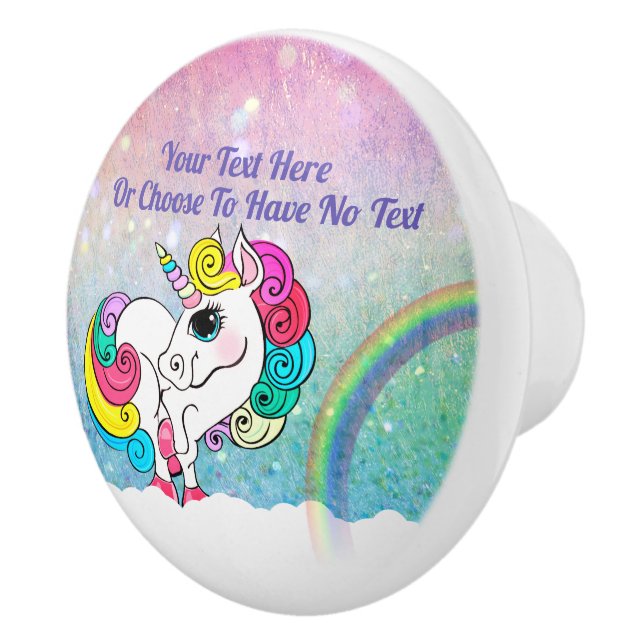 Custom Text/ White Unicorn Rainbow Glitter Sequins Ceramic Knob (Right)