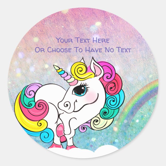 Custom Text/ White Unicorn Rainbow Glitter Sequins Classic Round Sticker (Front)